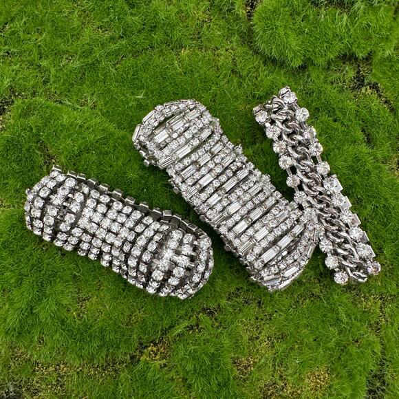 Vintage Rhinestone Tennis Bracelet Trio 1950s Glam Sparkle - Picture 3 of 13